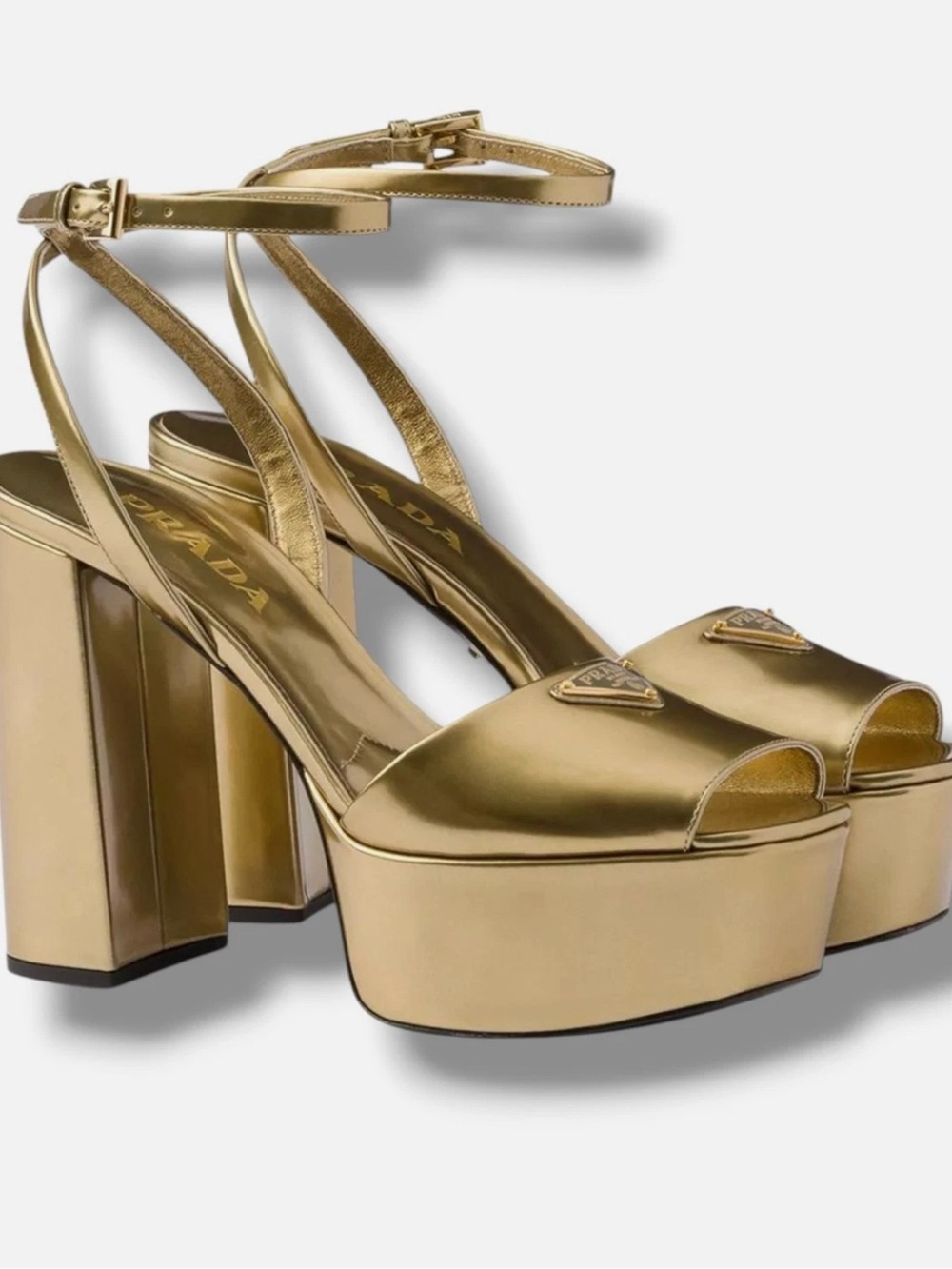 Prada Gold Metallic Platform Peep-Toe Sandals with Ankle Straps